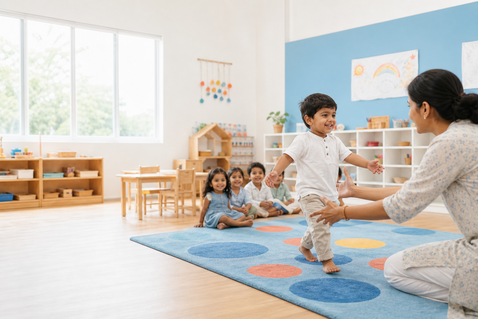 Teacher and preschool children playing with blocks
