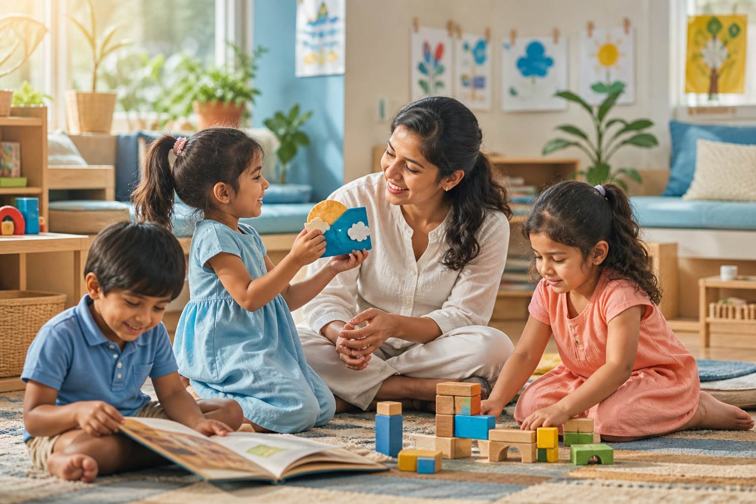 Teacher warmly encouraging preschool children in a cosy classroom
