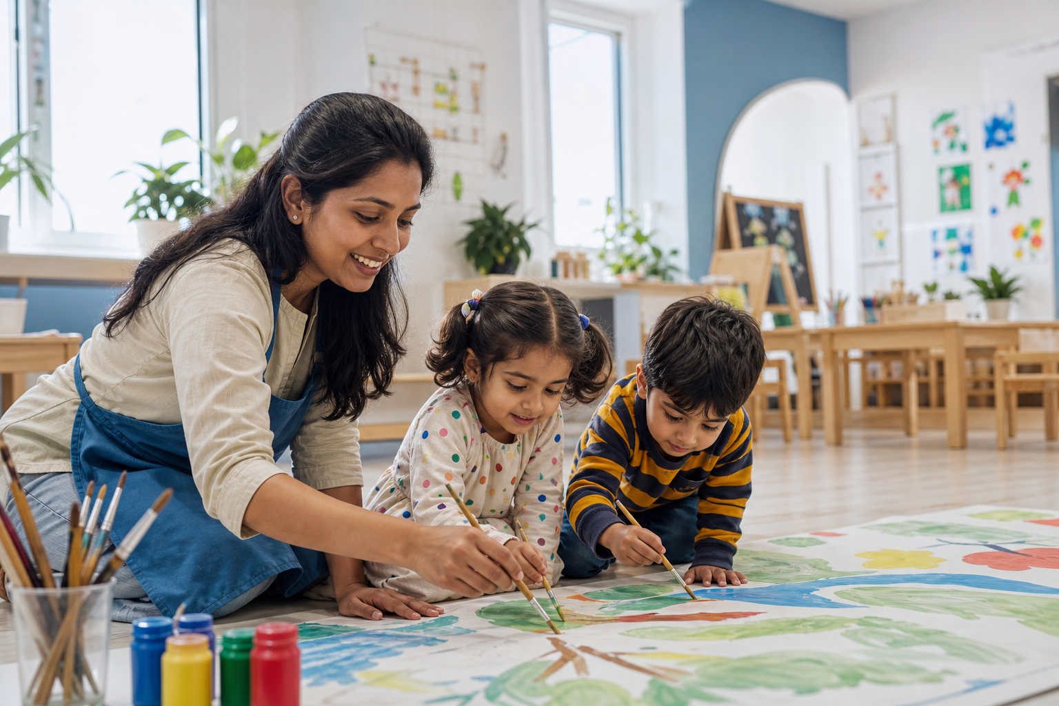 Teacher supporting children during a painting activity